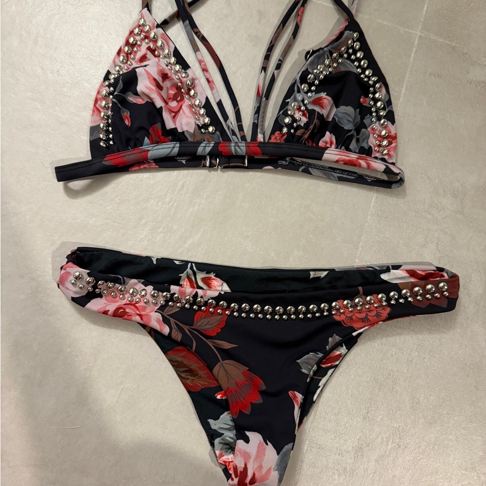 Beach Riot Black and Red Floral Bikini